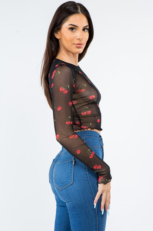Long Sleeve Cherry Mesh Top