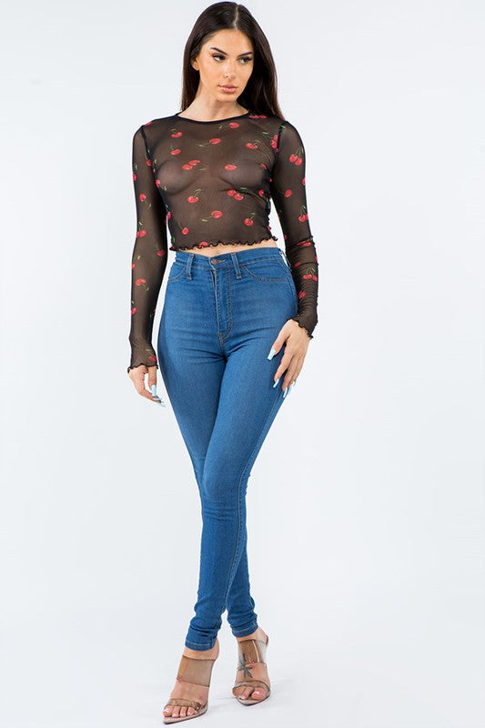 Long Sleeve Cherry Mesh Top