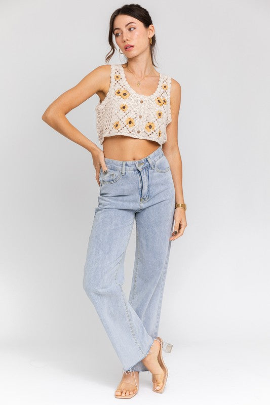 Crochet Sleeveless Embroidered Sunflower Top