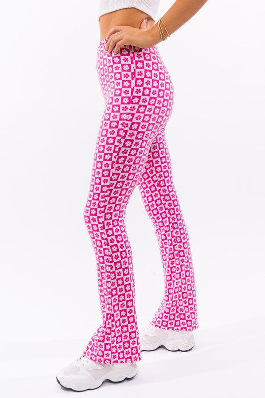 Flared Fucsia Checkered Flower Pants