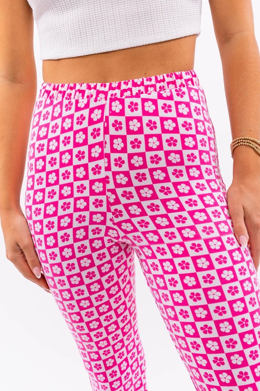 Flared Fucsia Checkered Flower Pants