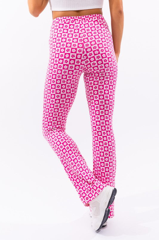 Flared Fucsia Checkered Flower Pants