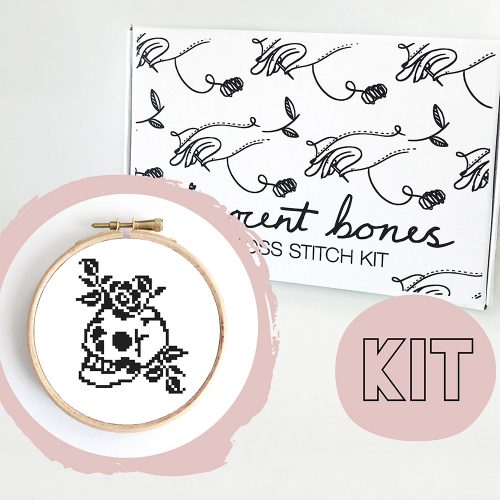 Modern Cross Stitch Kit – Skull & Roses Gothic Tattoo Style Cross Stitch Pattern