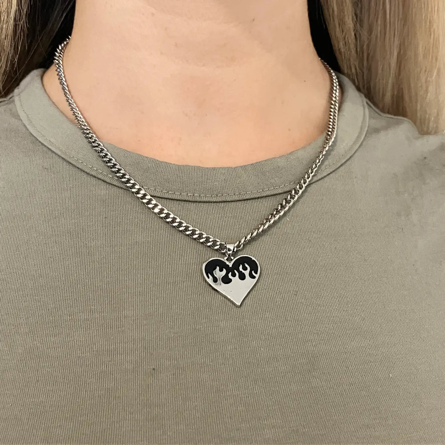 Flaming Heart Silver & Black Steel Pendant Necklace