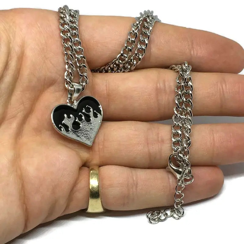 Flaming Heart Silver & Black Steel Pendant Necklace