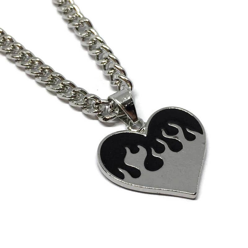 Flaming Heart Silver & Black Steel Pendant Necklace