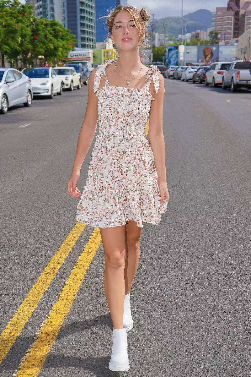 Smocked Cream Floral Dress