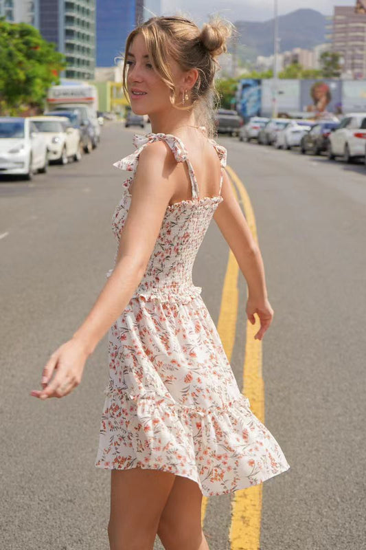 Smocked Cream Floral Dress