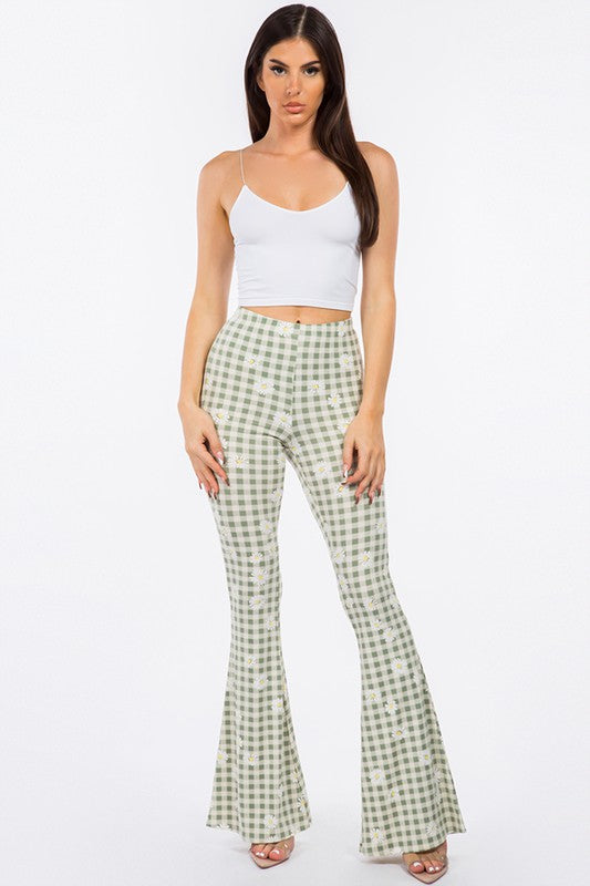 Daisy and Plaid Flare Pants