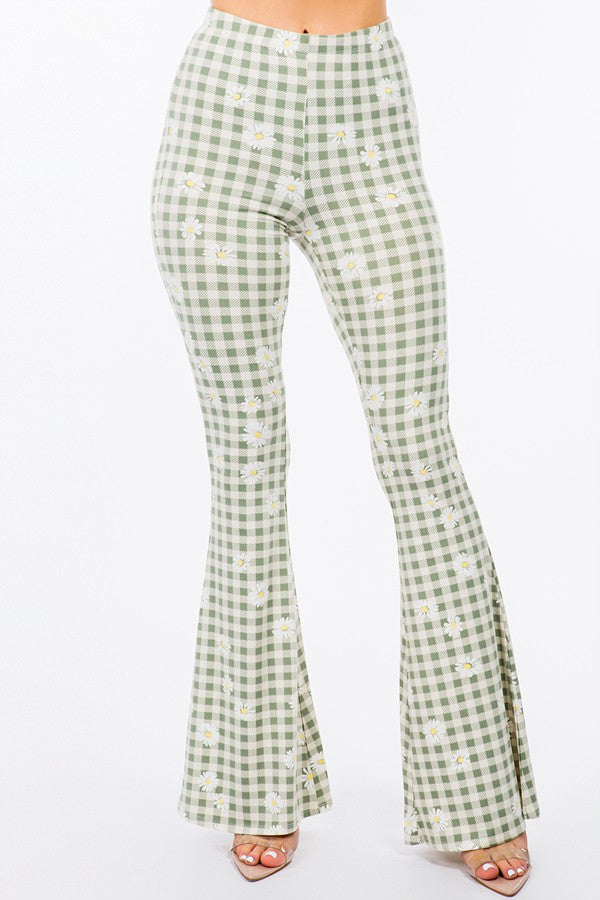 Daisy and Plaid Flare Pants