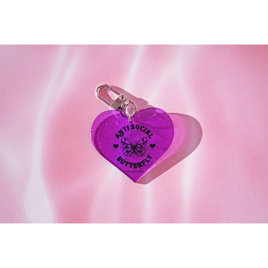 Antisocial Butterfly Glitter Heart Keychain