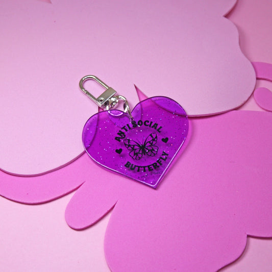 Antisocial Butterfly Glitter Heart Keychain